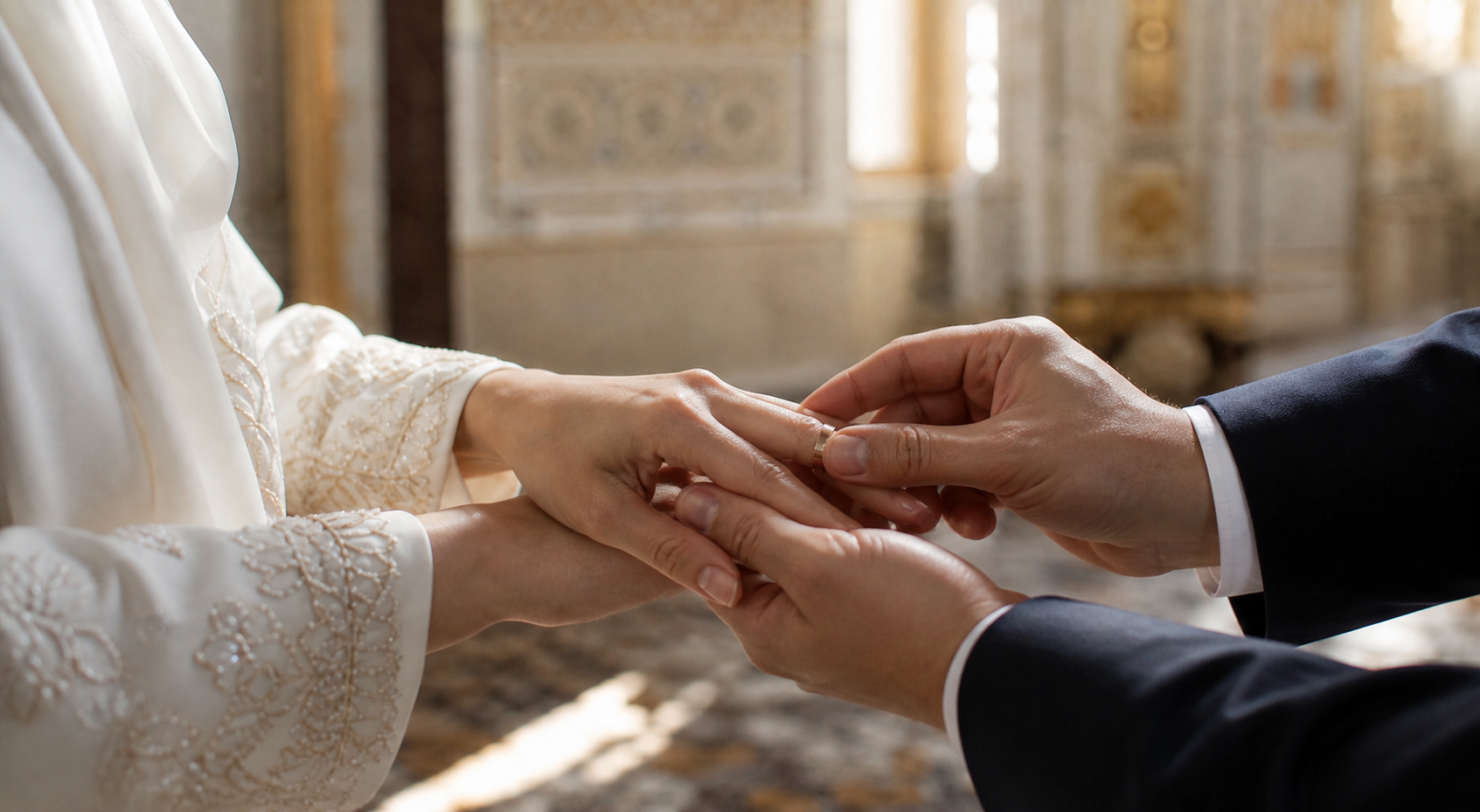 A groom placing a wedding ring on the bride’s finger during a Nikah ceremony