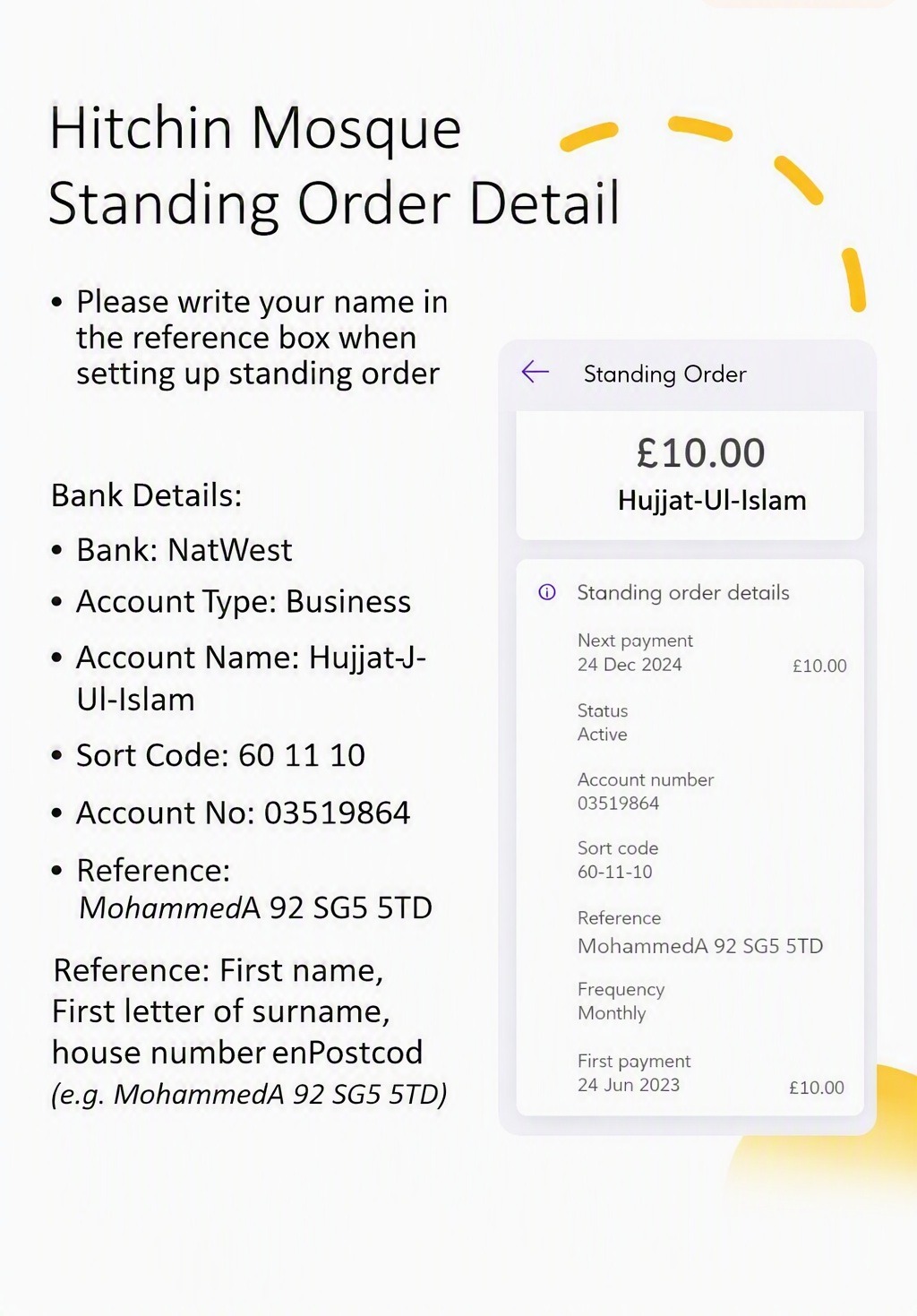Hitchin Mosque standing order guide showing the bank details and example reference